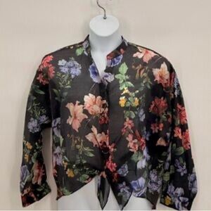 NWT Vince Camuto Floral Black Sheer Buttoned Up Knotted Top Blouse Size XL